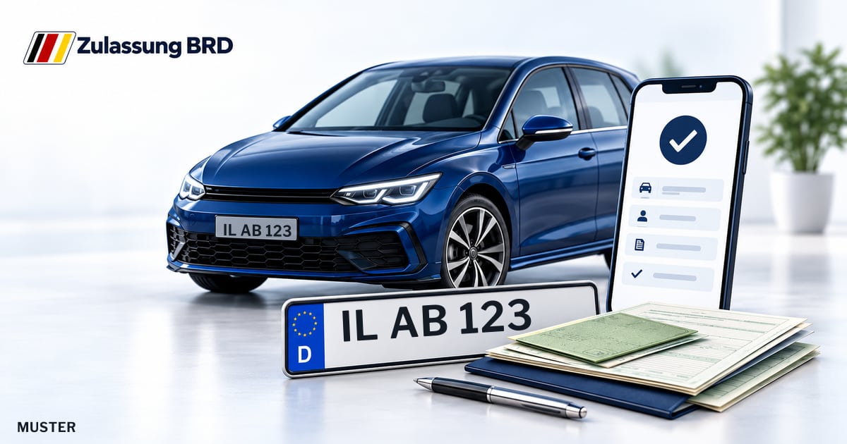 Online Fahrzeugzulassung in Ilm-Kreis: Musterkennzeichen IL AB 123, Auto und Fahrzeugpapiere und Smartphone. Illustration mit Logo von Zulassung BRD.